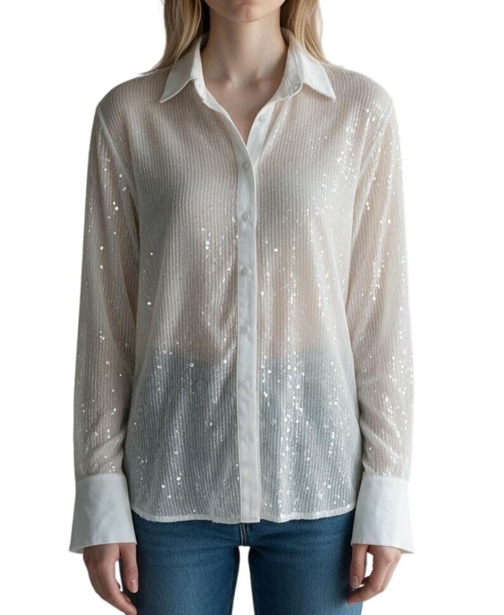 LUXY USA Women's Medium Long Sleeve Semi Sheer White Sequin Button Up Blouse